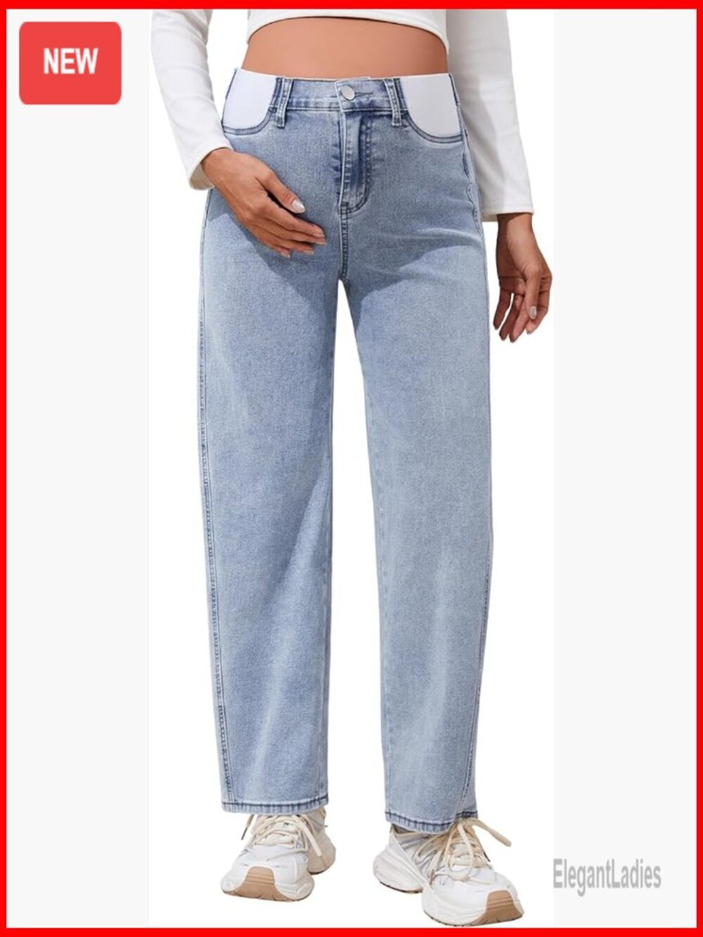 Maternity Barrel Jeans Elastic Waist Stretch Mid-Rise Denim Pants